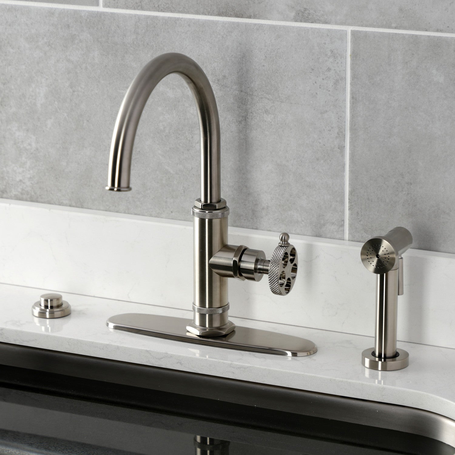 Kingston Sona KS2438RKX - Webb Single-Handle 1-Hole Deck Mount Kitchen Faucet with Knurled Handle and Brass Side Sprayer, Brushed Nickel — thumbnail 2